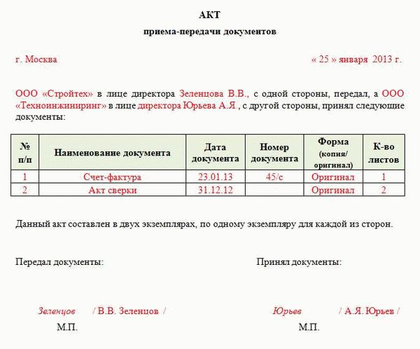 Определение и назначение акта приема передачи документов