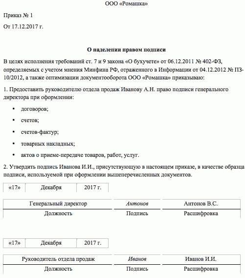 Бланк приказа на право подписи первичных документов