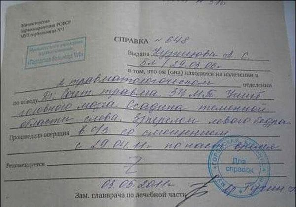 Полный образец справки о побоях из травмпункта