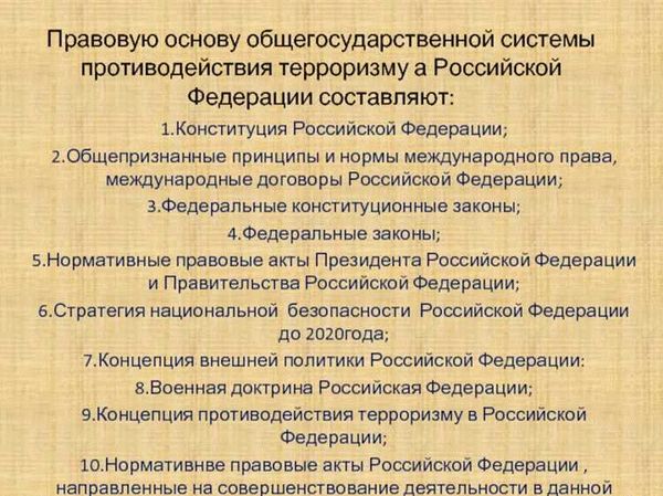 Перечень основных законодательных и иных нормативных правовых актов Российской Федерации в области противодействия терроризму